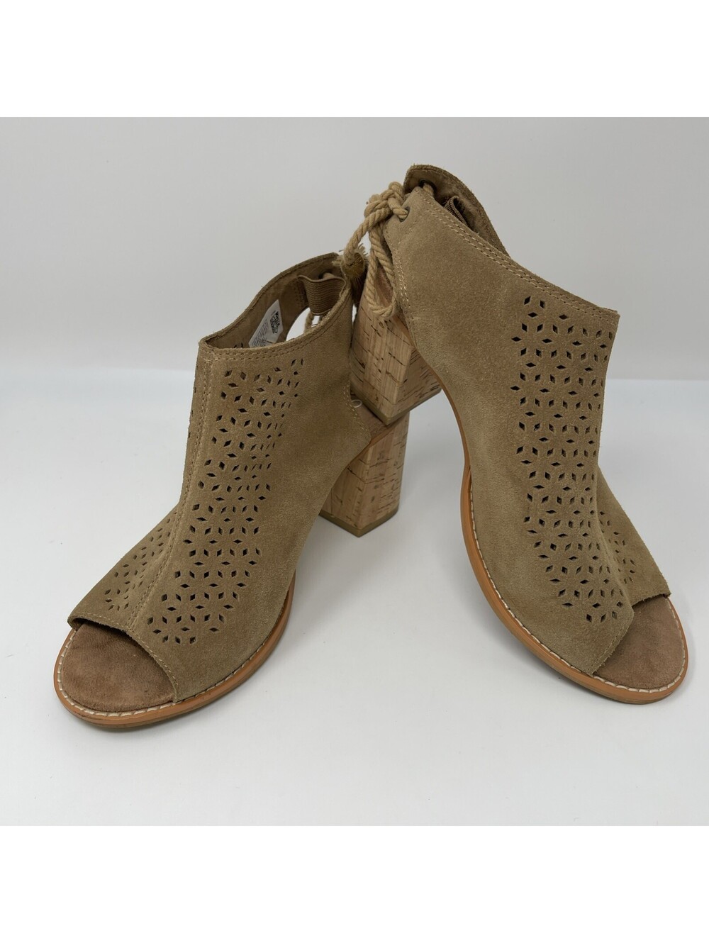 TOMS Ellia Women's 7.5 Brown Suede perforated Peep Toe Bootie Block Heel Sandals